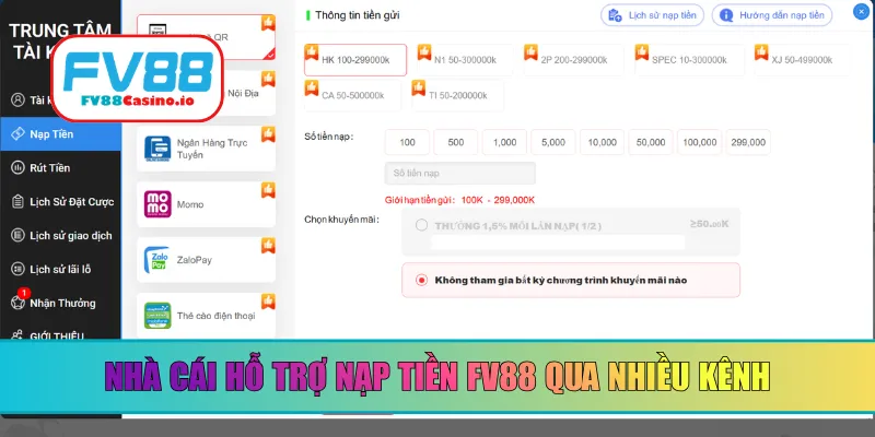 Nhà cái hỗ trợ nạp tiền FV88 qua nhiều kênh